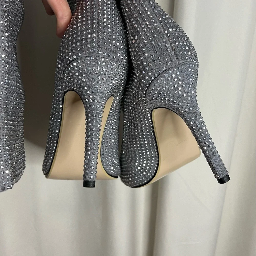Silver Rhinestone Stiletto Women's Knee-High Boots - Picture 6 of 14
